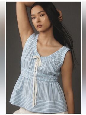 Anthropologie Light Blue & White Striped Smocked Tank Top